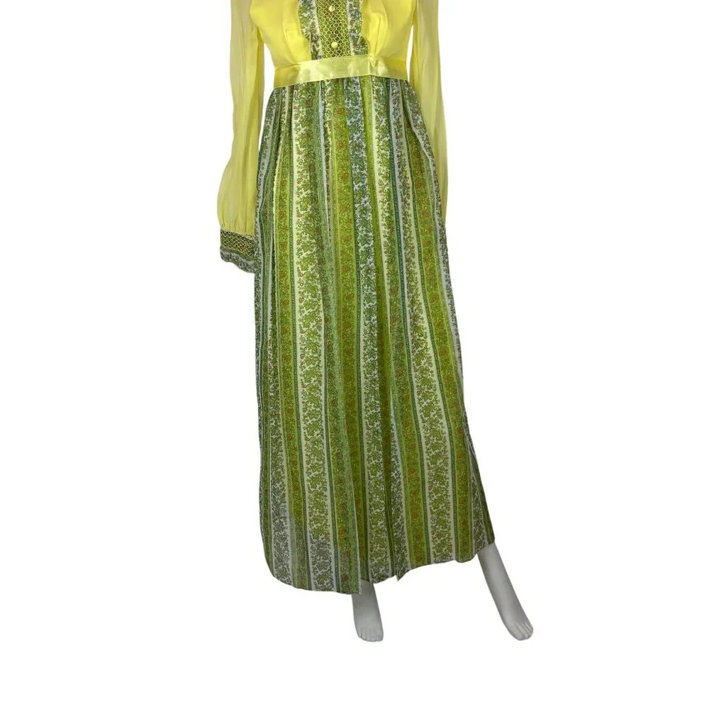 Vintage 70s Maxi Dress Juniors Sheer Yellow Chiffon Sleeves Printed Skirt Bow - Picture 7 of 13